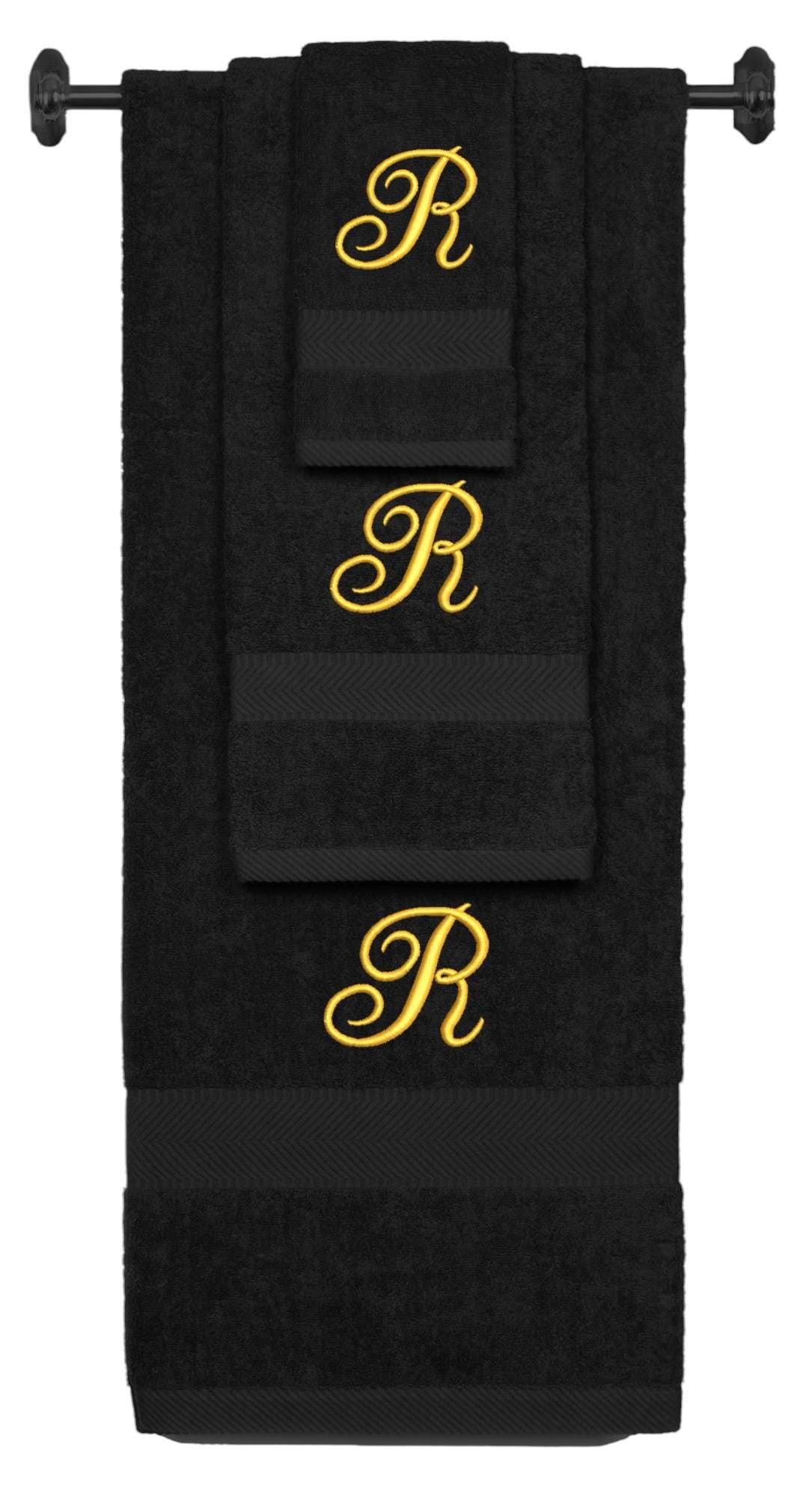 Black monogrammed towel set with Gold thread, Diana Script font, initial R - 540 GSM cotton 3-piece