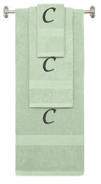 Mint Green monogrammed towel set with Black thread, Chancery font, initial C - 540 GSM cotton 3-piece