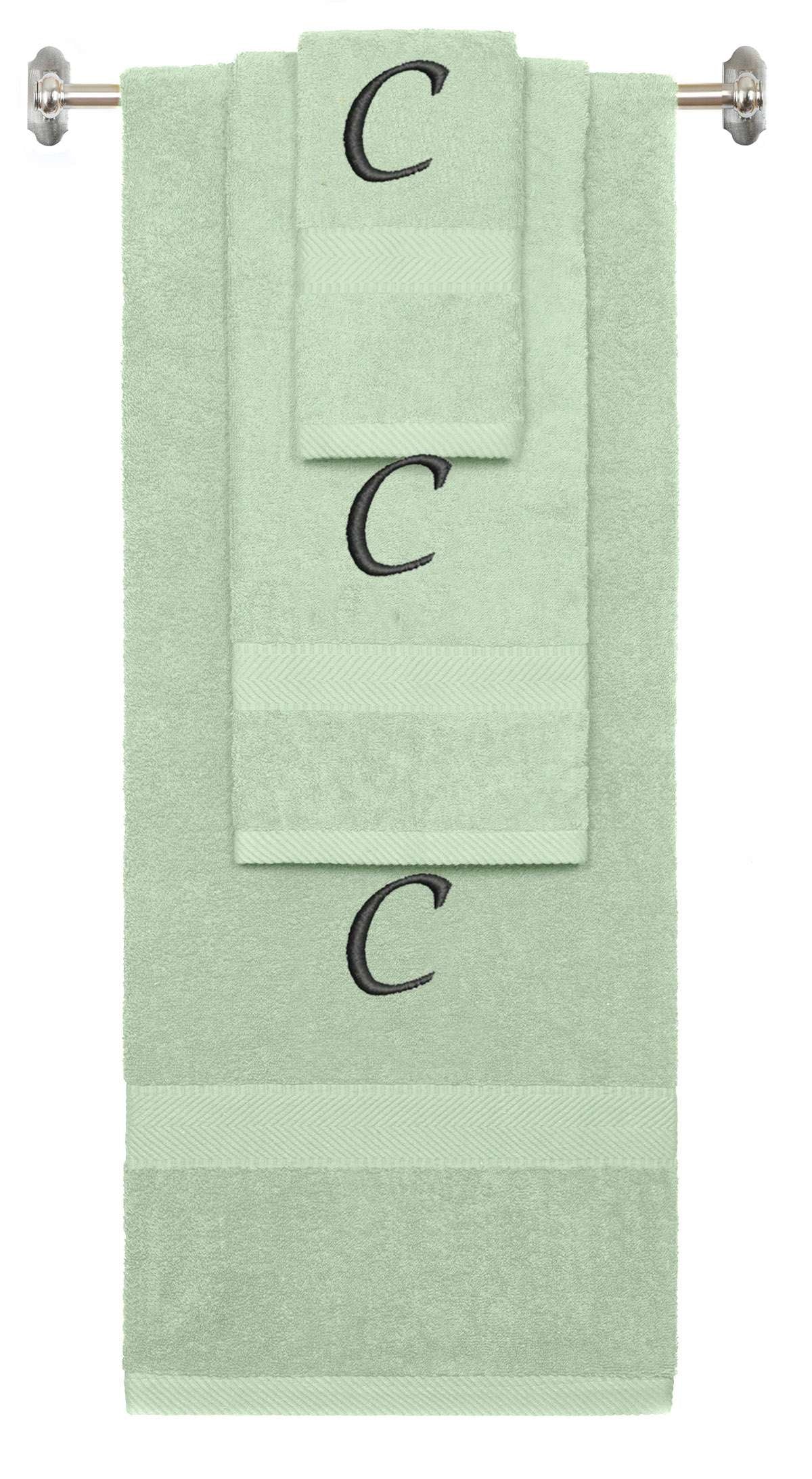 Mint Green monogrammed towel set with Black thread, Chancery font, initial C - 540 GSM cotton 3-piece