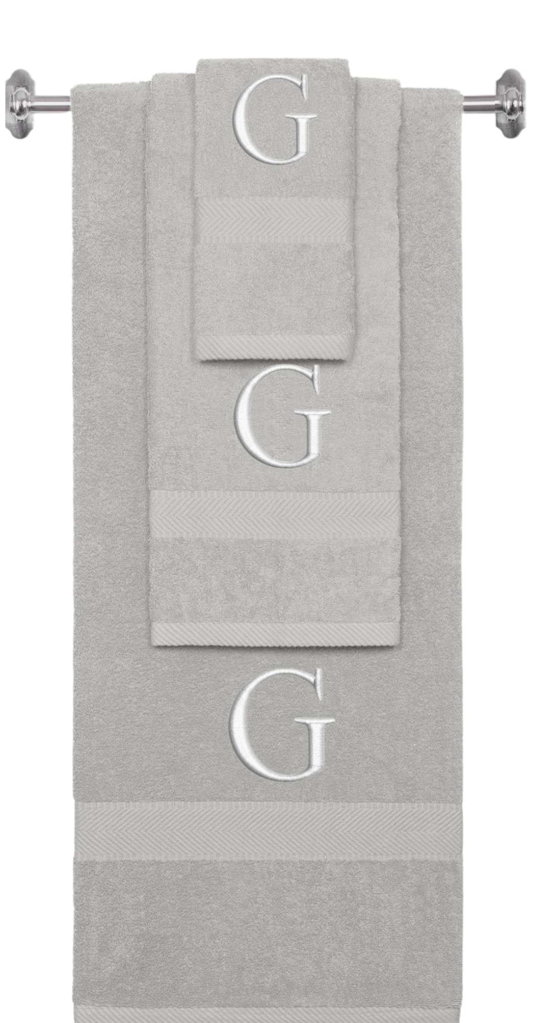 Silver monogrammed towel set with Silver thread, Times New Roman font, initial G - 540 GSM cotton 3-piece