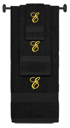 Black monogrammed towel set with Gold thread, Diana Script font, initial E - 540 GSM cotton 3-piece
