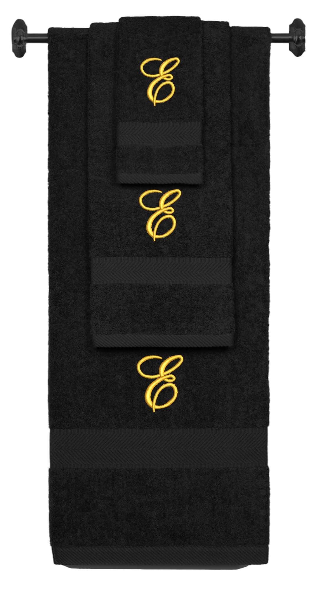 Black monogrammed towel set with Gold thread, Diana Script font, initial E - 540 GSM cotton 3-piece