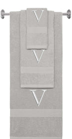 Silver monogrammed towel set with Silver thread, Times New Roman font, initial V - 540 GSM cotton 3-piece