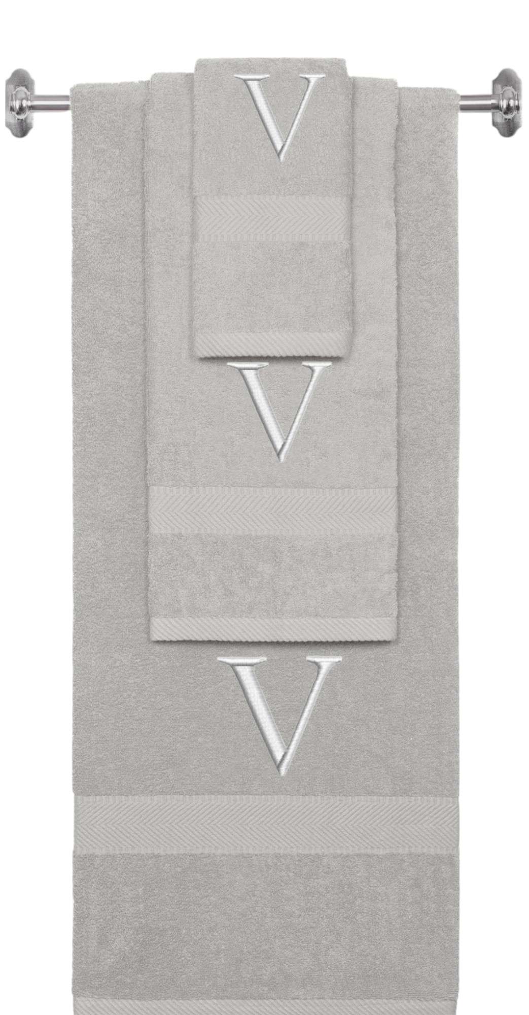 Silver monogrammed towel set with Silver thread, Times New Roman font, initial V - 540 GSM cotton 3-piece
