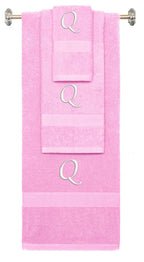 Pink monogrammed towel set with White thread, Chancery font, initial Q - 540 GSM cotton 3-piece