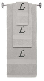 Silver monogrammed towel set with Black thread, Chancery font, initial L - 540 GSM cotton 3-piece