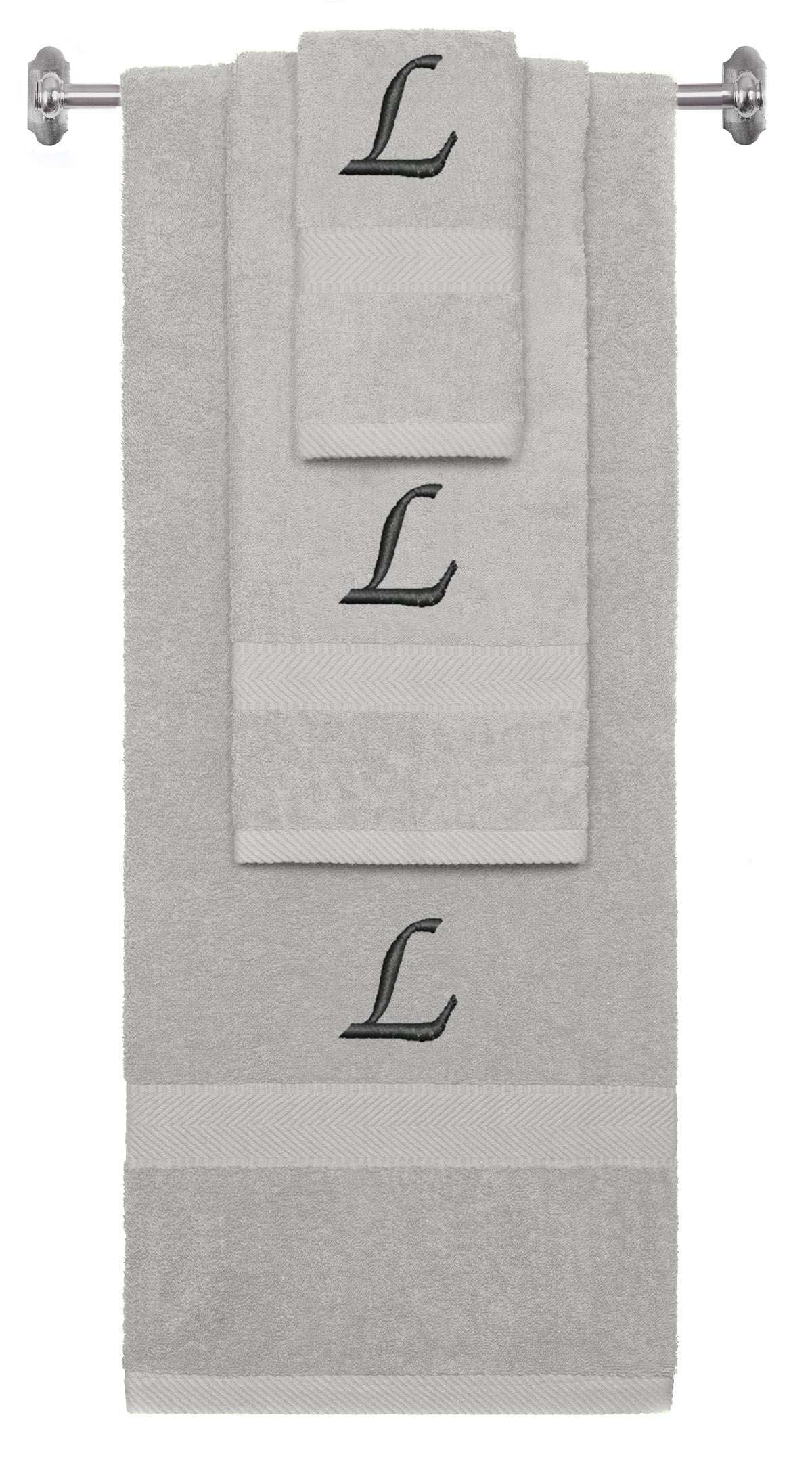 Silver monogrammed towel set with Black thread, Chancery font, initial L - 540 GSM cotton 3-piece