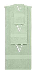 Mint Green monogrammed towel set with White thread, Times New Roman font, initial V - 540 GSM cotton 3-piece