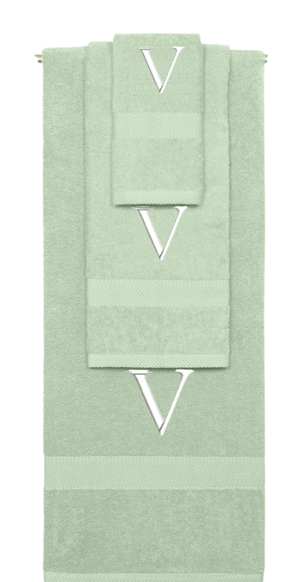 Mint Green monogrammed towel set with White thread, Times New Roman font, initial V - 540 GSM cotton 3-piece