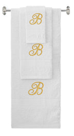 White monogrammed towel set with Gold thread, Diana Script font, initial B - 540 GSM cotton 3-piece