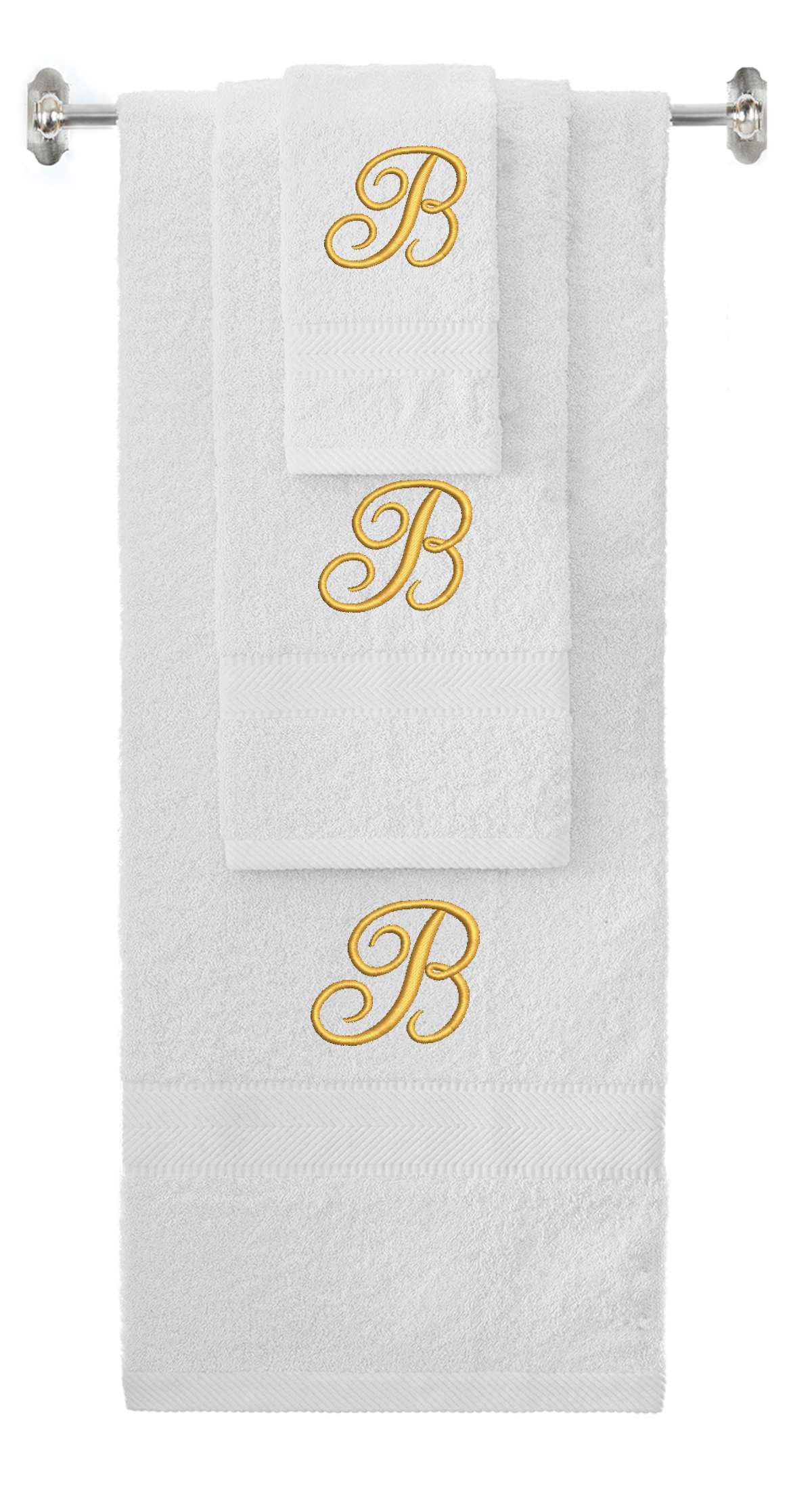 White monogrammed towel set with Gold thread, Diana Script font, initial B - 540 GSM cotton 3-piece