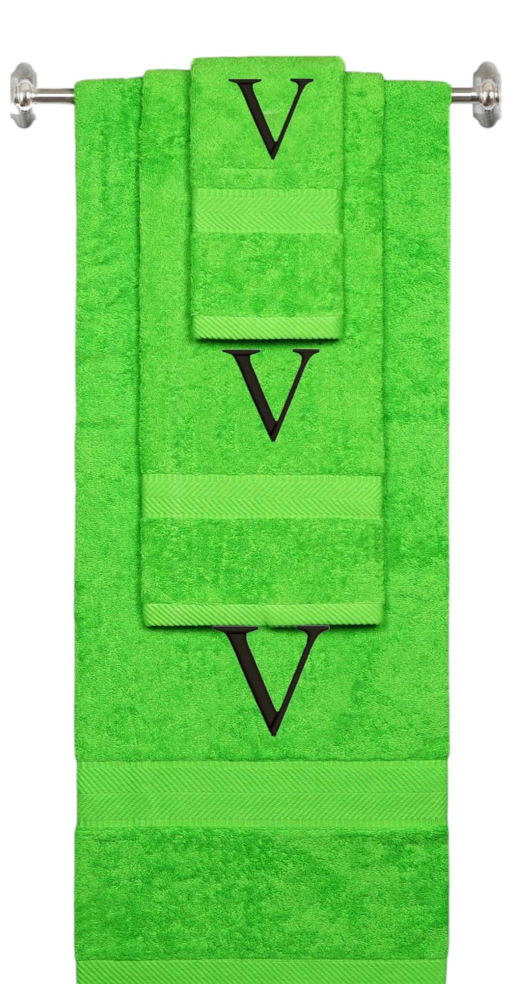 Lime monogrammed towel set with Black thread, Times New Roman font, initial V - 540 GSM cotton 3-piece
