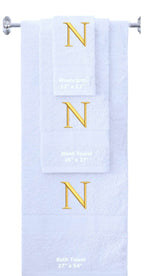 White monogrammed towel set with Gold thread, Times New Roman font, initial N - 540 GSM cotton 3-piece