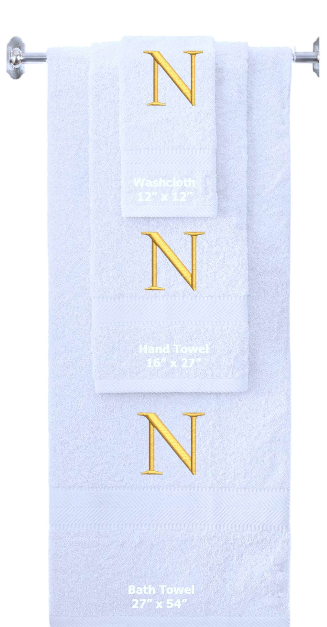 White monogrammed towel set with Gold thread, Times New Roman font, initial N - 540 GSM cotton 3-piece