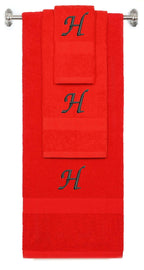 Red monogrammed towel set with Black thread, Chancery font, initial H - 540 GSM cotton 3-piece
