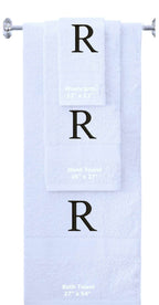 White monogrammed towel set with Black thread, Times New Roman font, initial R - 540 GSM cotton 3-piece