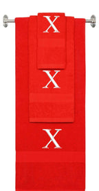 Red monogrammed towel set with White thread, Times New Roman font, initial X - 540 GSM cotton 3-piece