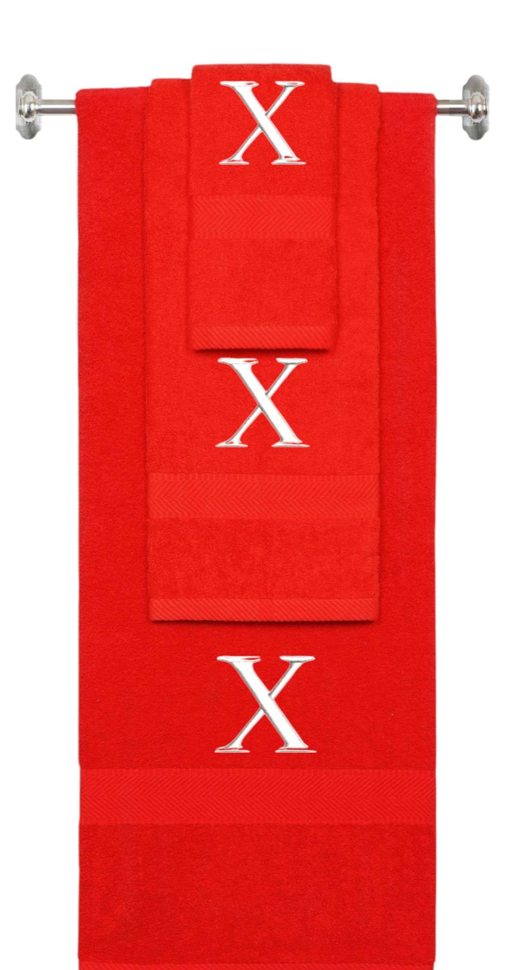 Red monogrammed towel set with White thread, Times New Roman font, initial X - 540 GSM cotton 3-piece