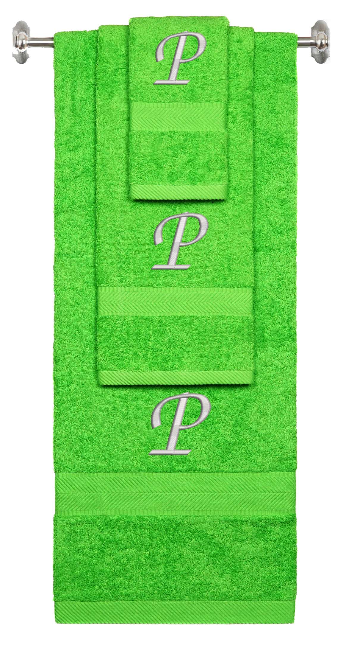 Lime monogrammed towel set with Silver thread, Chancery font, initial P - 540 GSM cotton 3-piece