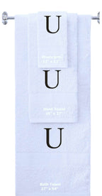 White monogrammed towel set with Black thread, Times New Roman font, initial U - 540 GSM cotton 3-piece