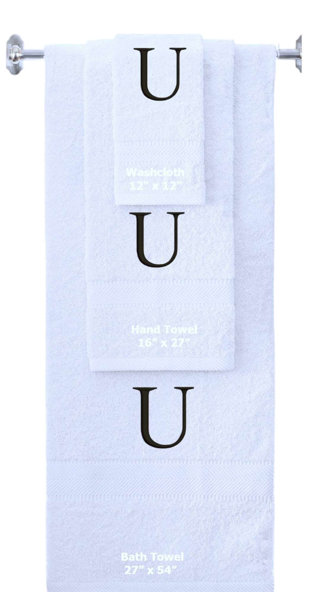 White monogrammed towel set with Black thread, Times New Roman font, initial U - 540 GSM cotton 3-piece