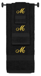Black monogrammed towel set with Gold thread, Diana Script font, initial M - 540 GSM cotton 3-piece