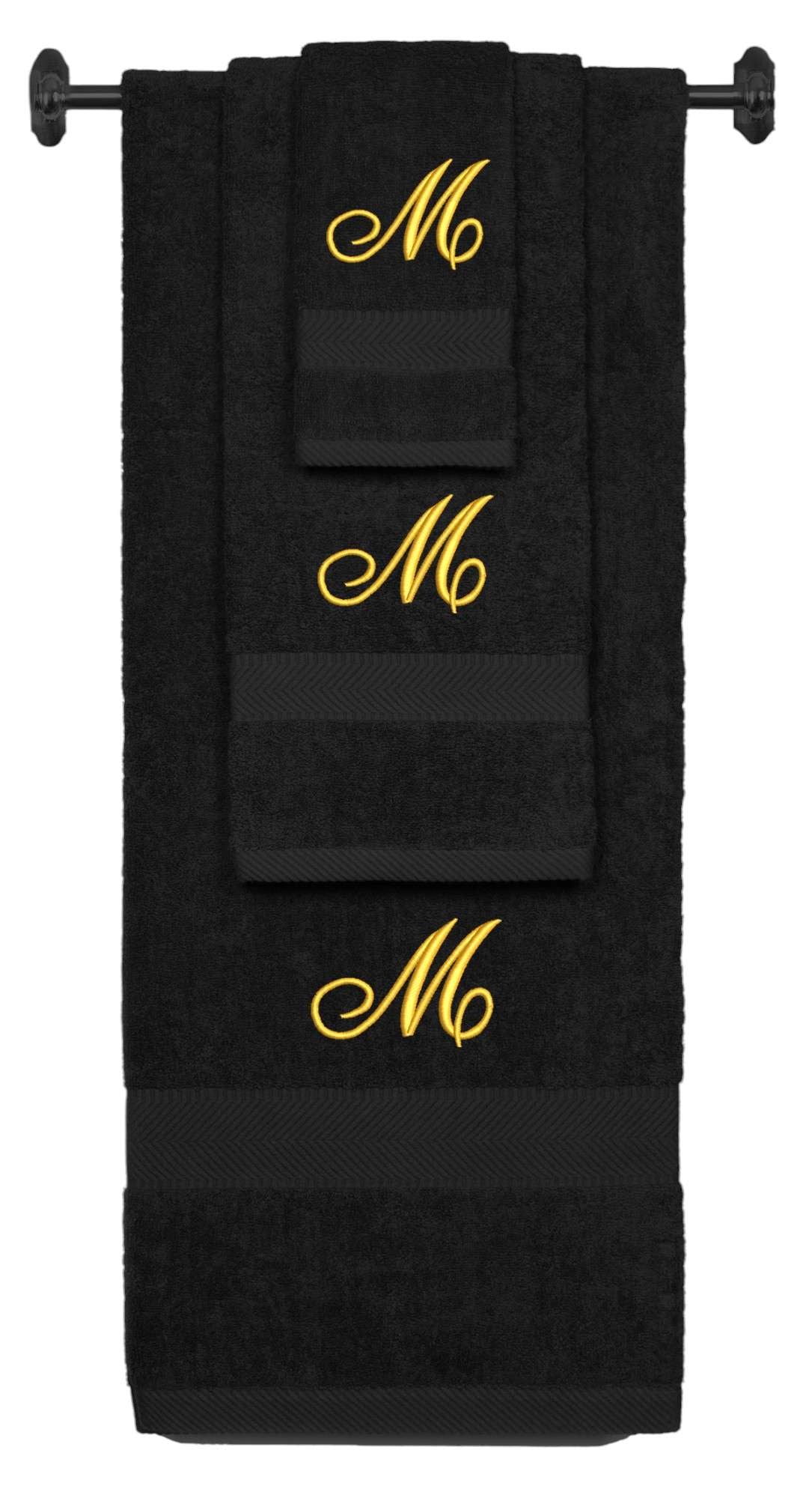 Black monogrammed towel set with Gold thread, Diana Script font, initial M - 540 GSM cotton 3-piece