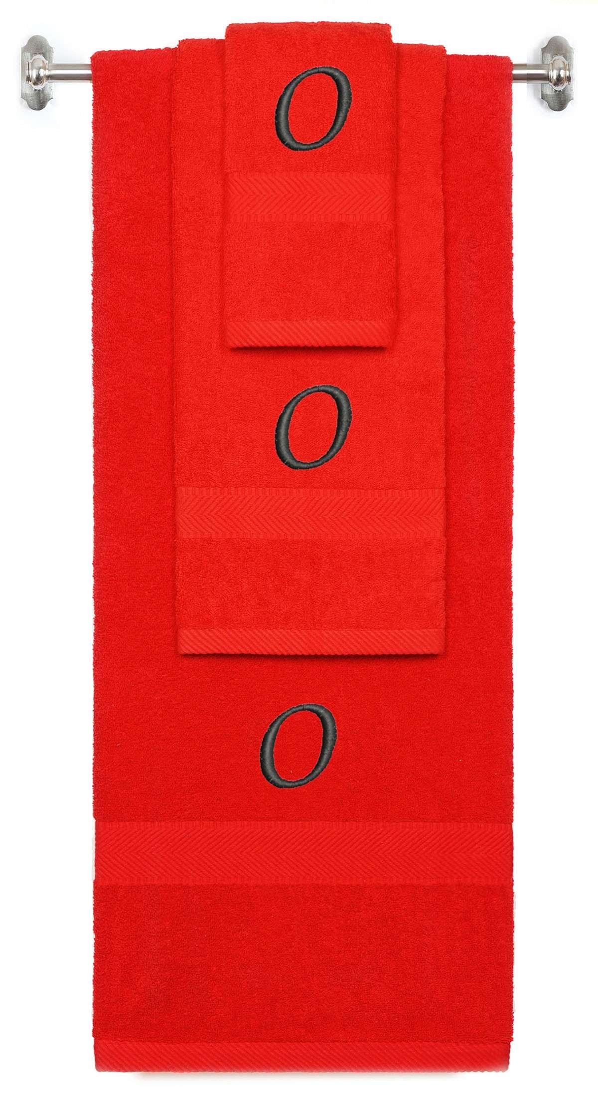 Red monogrammed towel set with Black thread, Chancery font, initial O - 540 GSM cotton 3-piece