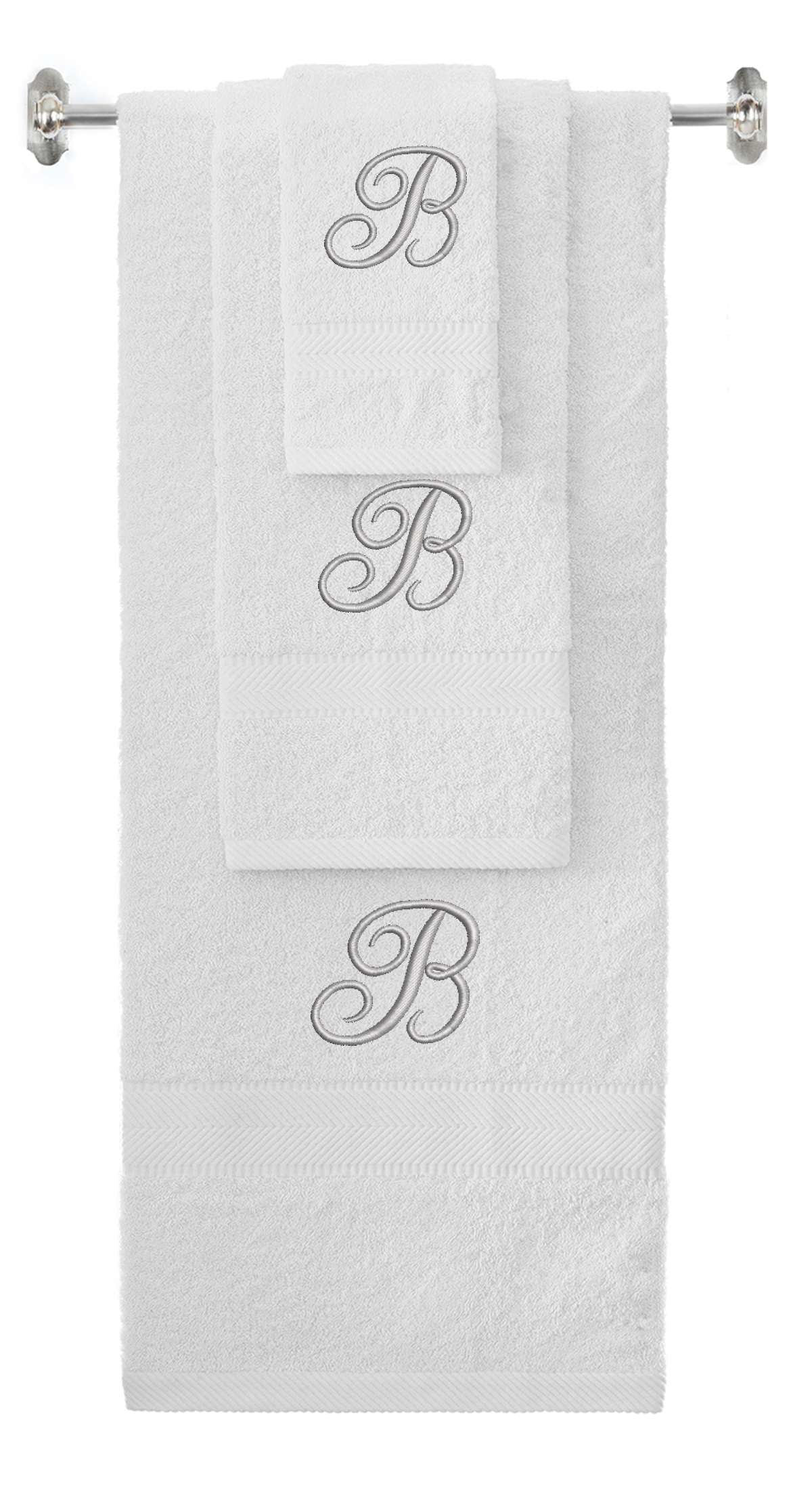 White monogrammed towel set with Silver thread, Diana Script font, initial B - 540 GSM cotton 3-piece