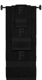 Black monogrammed towel set with Black thread, Times New Roman font, initial F - 540 GSM cotton 3-piece