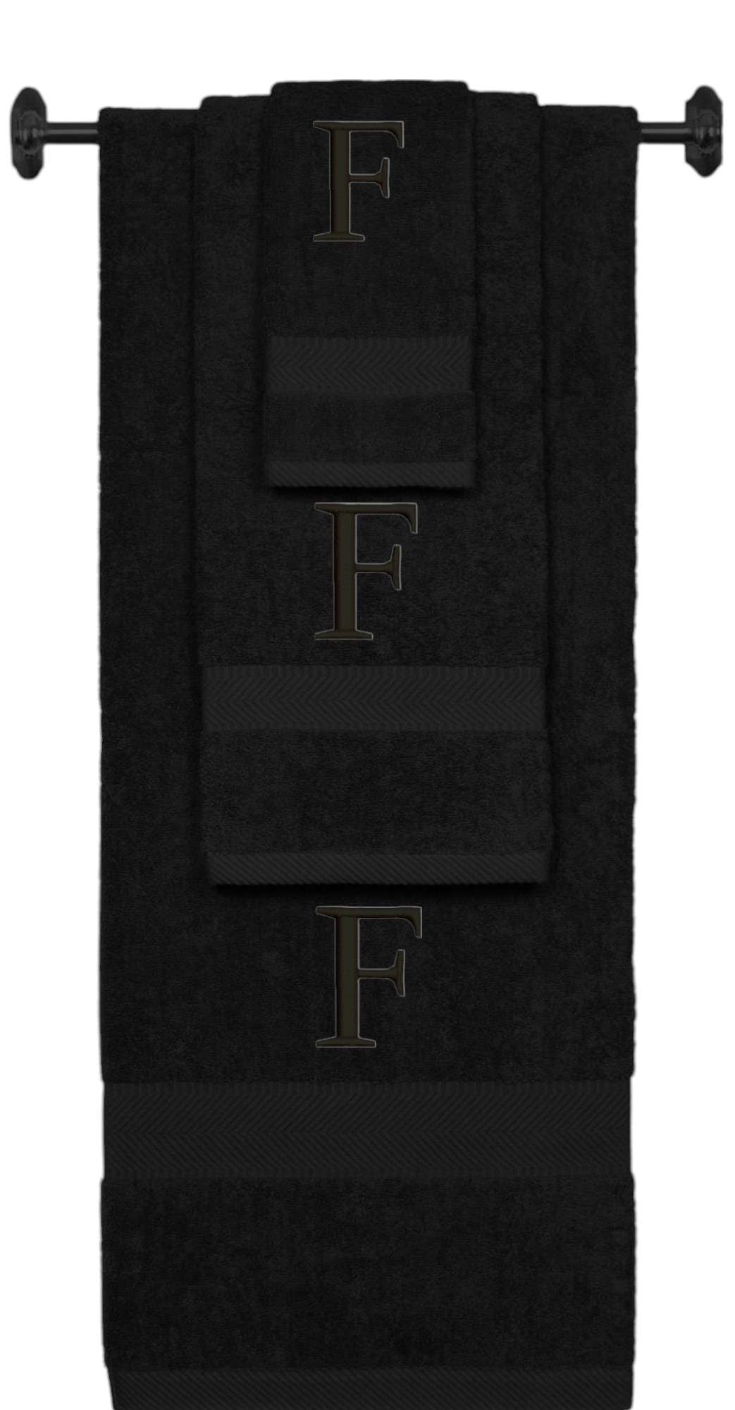 Black monogrammed towel set with Black thread, Times New Roman font, initial F - 540 GSM cotton 3-piece