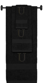 Black monogrammed towel set with Black thread, Times New Roman font, initial U - 540 GSM cotton 3-piece