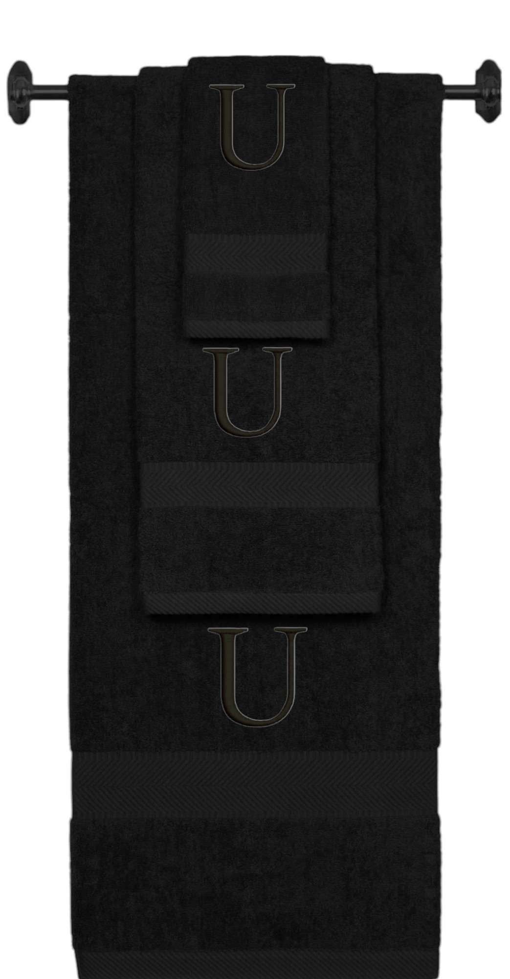 Black monogrammed towel set with Black thread, Times New Roman font, initial U - 540 GSM cotton 3-piece