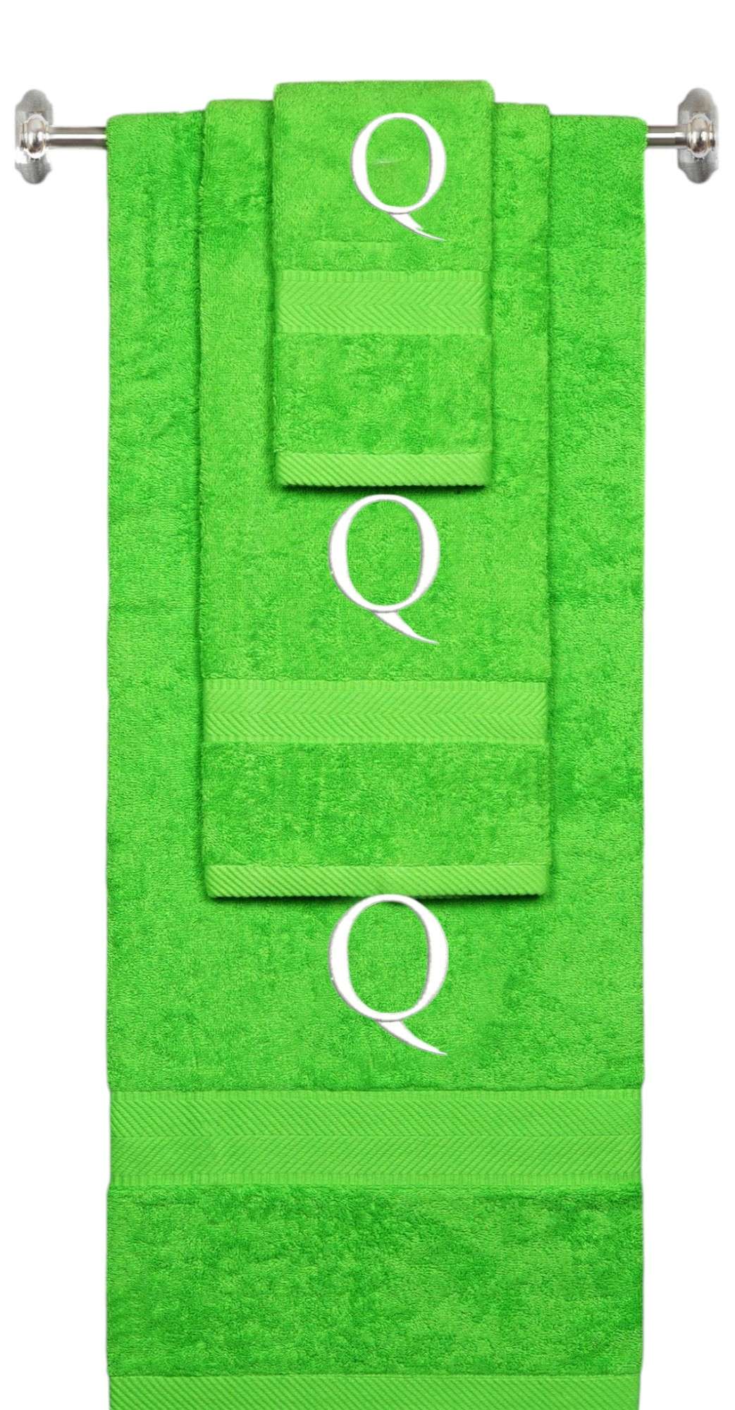 Lime monogrammed towel set with White thread, Times New Roman font, initial Q - 540 GSM cotton 3-piece