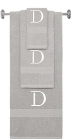 Silver monogrammed towel set with White thread, Times New Roman font, initial D - 540 GSM cotton 3-piece