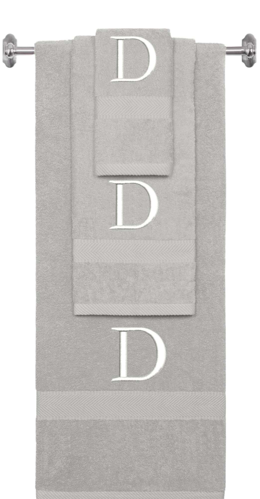 Silver monogrammed towel set with White thread, Times New Roman font, initial D - 540 GSM cotton 3-piece
