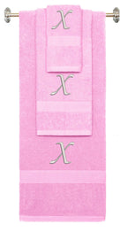 Pink monogrammed towel set with Silver thread, Chancery font, initial X - 540 GSM cotton 3-piece