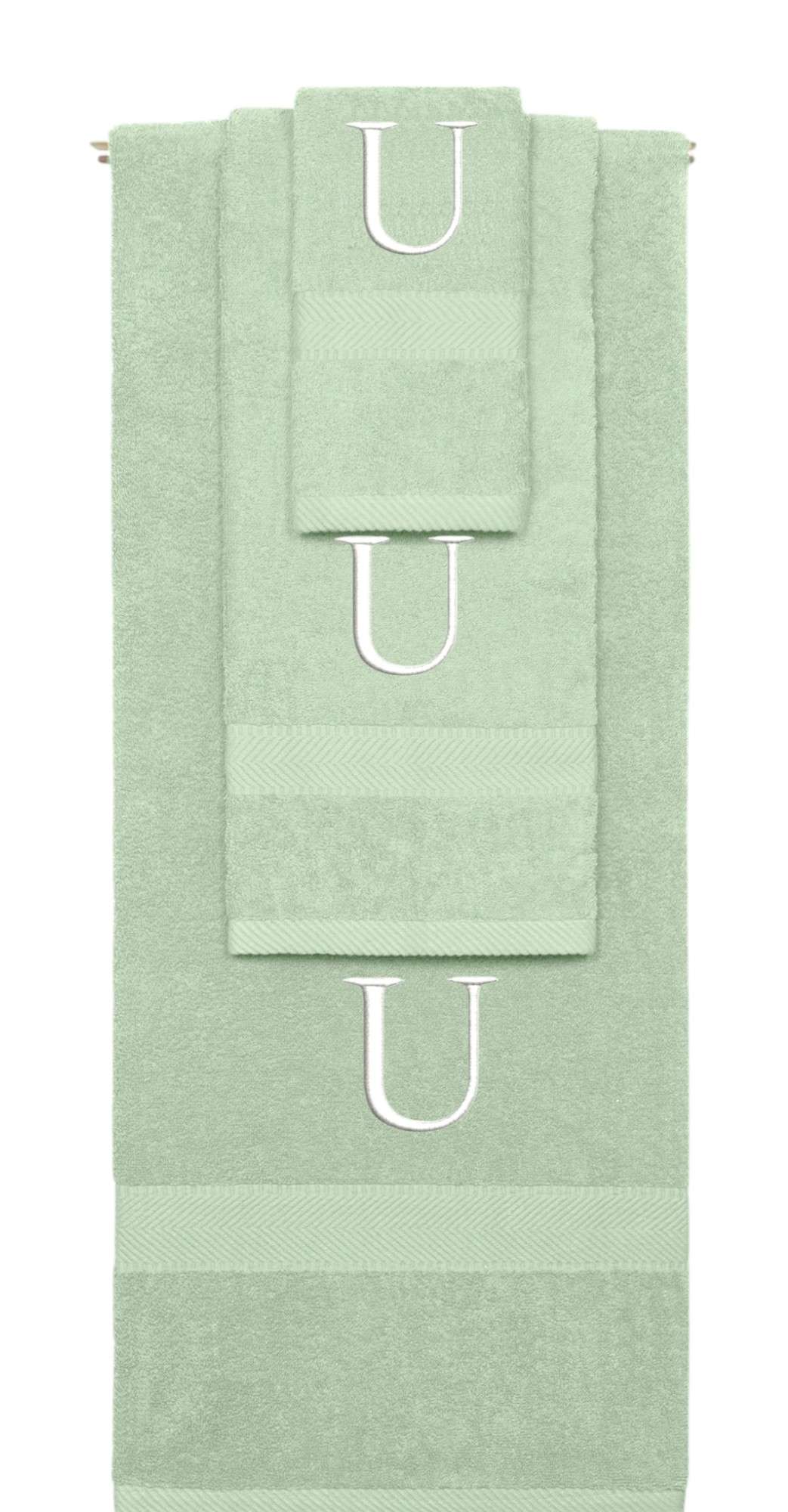 Mint Green monogrammed towel set with White thread, Times New Roman font, initial U - 540 GSM cotton 3-piece
