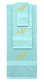 Nautical Teal monogrammed towel set with Gold thread, Diana Script font, initial N - 540 GSM cotton 3-piece