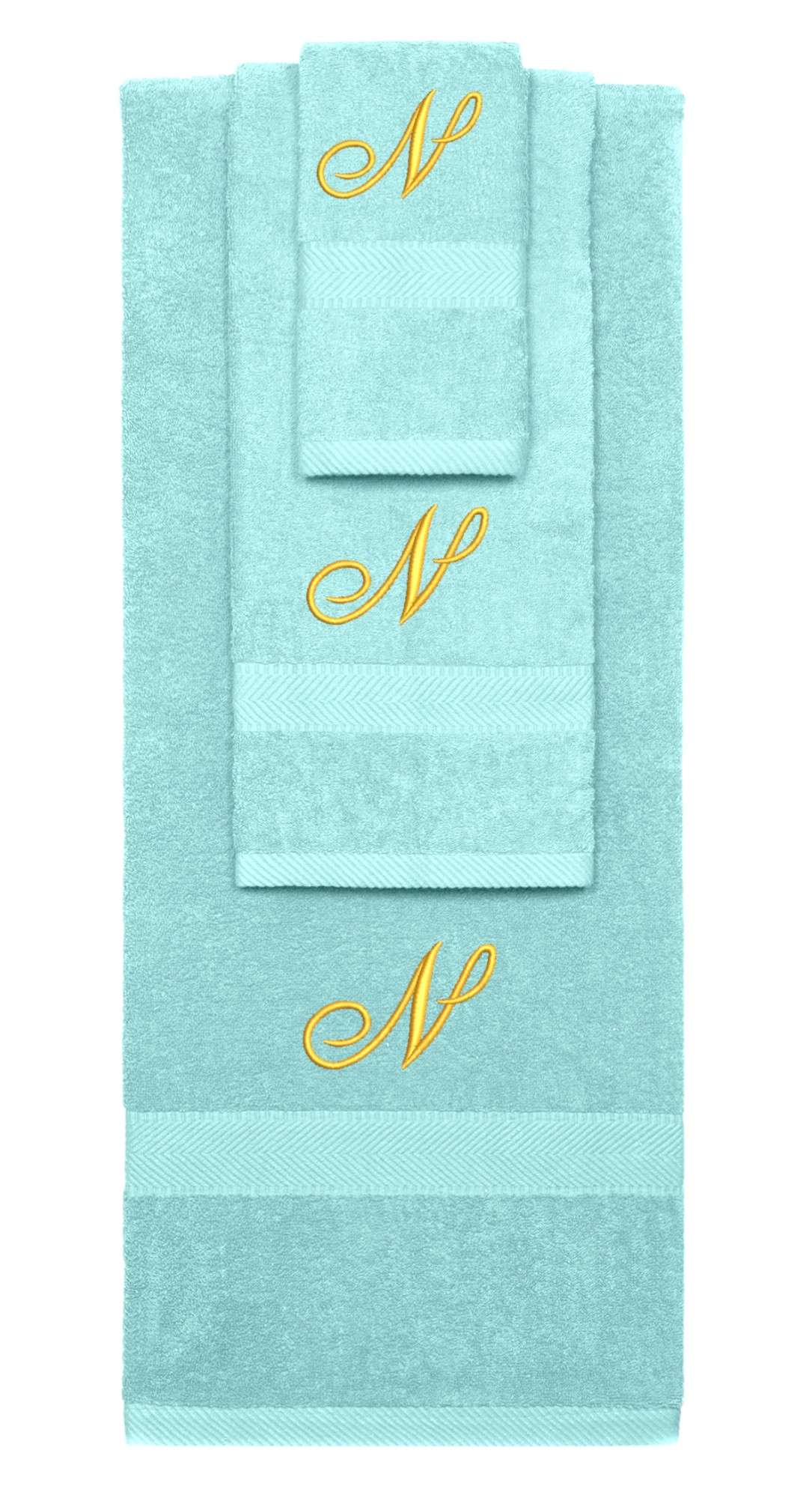 Nautical Teal monogrammed towel set with Gold thread, Diana Script font, initial N - 540 GSM cotton 3-piece