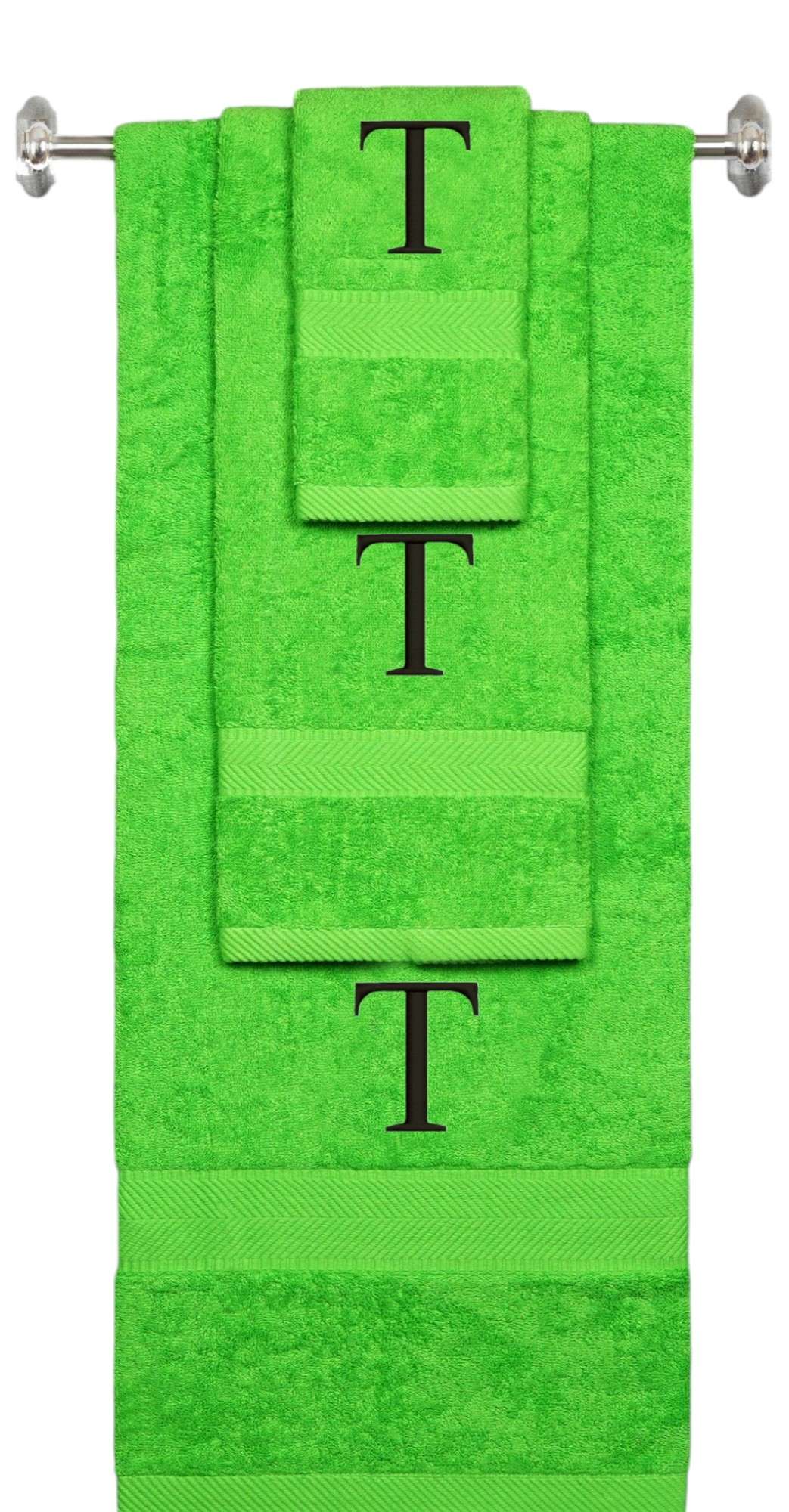 Lime monogrammed towel set with Black thread, Times New Roman font, initial T - 540 GSM cotton 3-piece