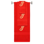 Red monogrammed towel set with Gold thread, Diana Script font, initial I - 540 GSM cotton 3-piece