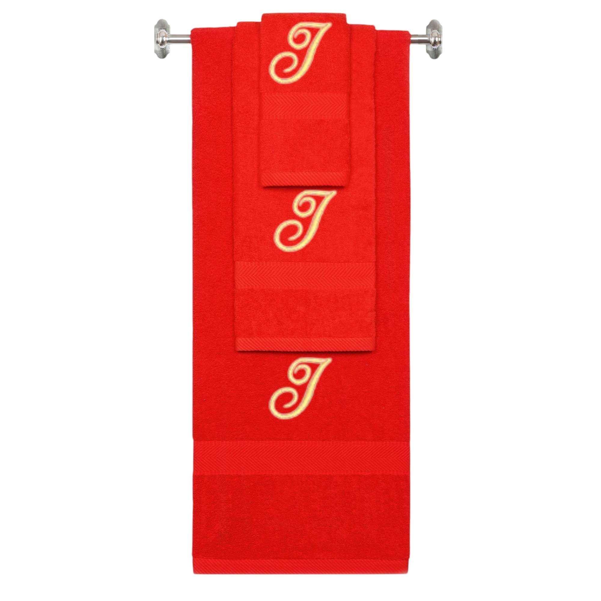 Red monogrammed towel set with Gold thread, Diana Script font, initial I - 540 GSM cotton 3-piece