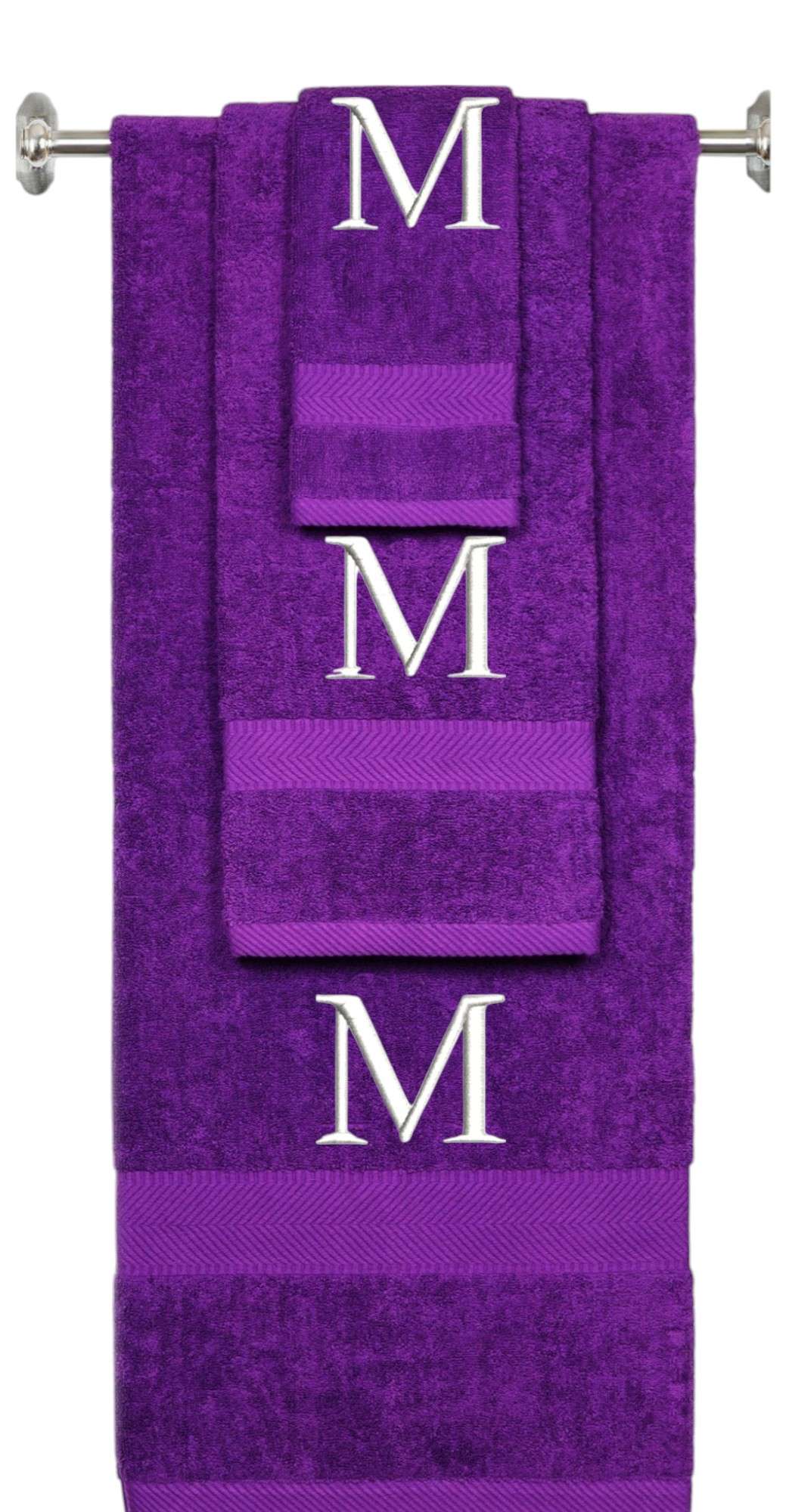 Purple monogrammed towel set with White thread, Times New Roman font, initial M - 540 GSM cotton 3-piece