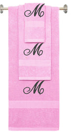 Pink monogrammed towel set with Black thread, Diana Script font, initial M - 540 GSM cotton 3-piece