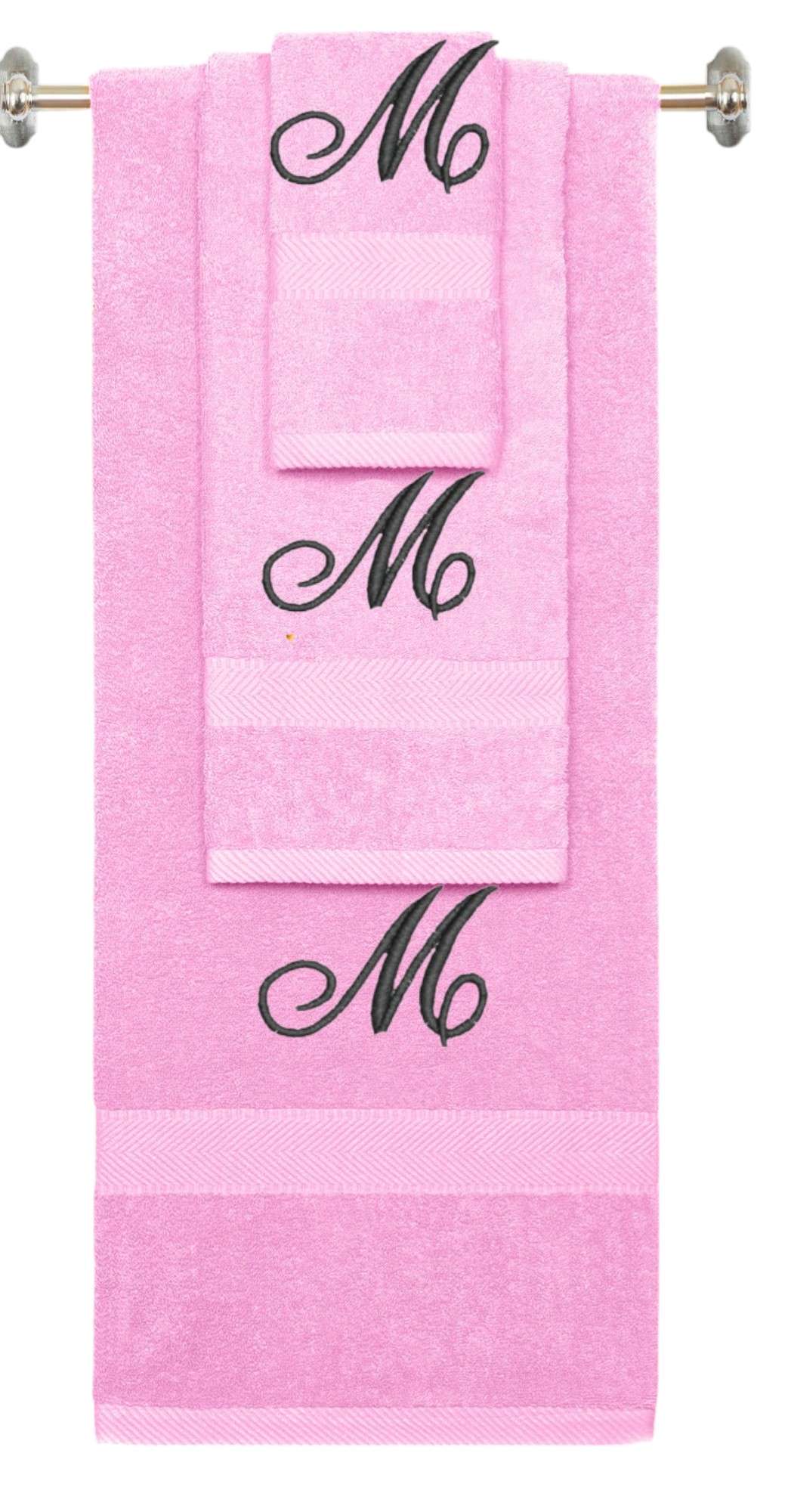 Pink monogrammed towel set with Black thread, Diana Script font, initial M - 540 GSM cotton 3-piece