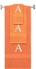 Orange monogrammed towel set with White thread, Times New Roman font, initial A - 540 GSM cotton 3-piece