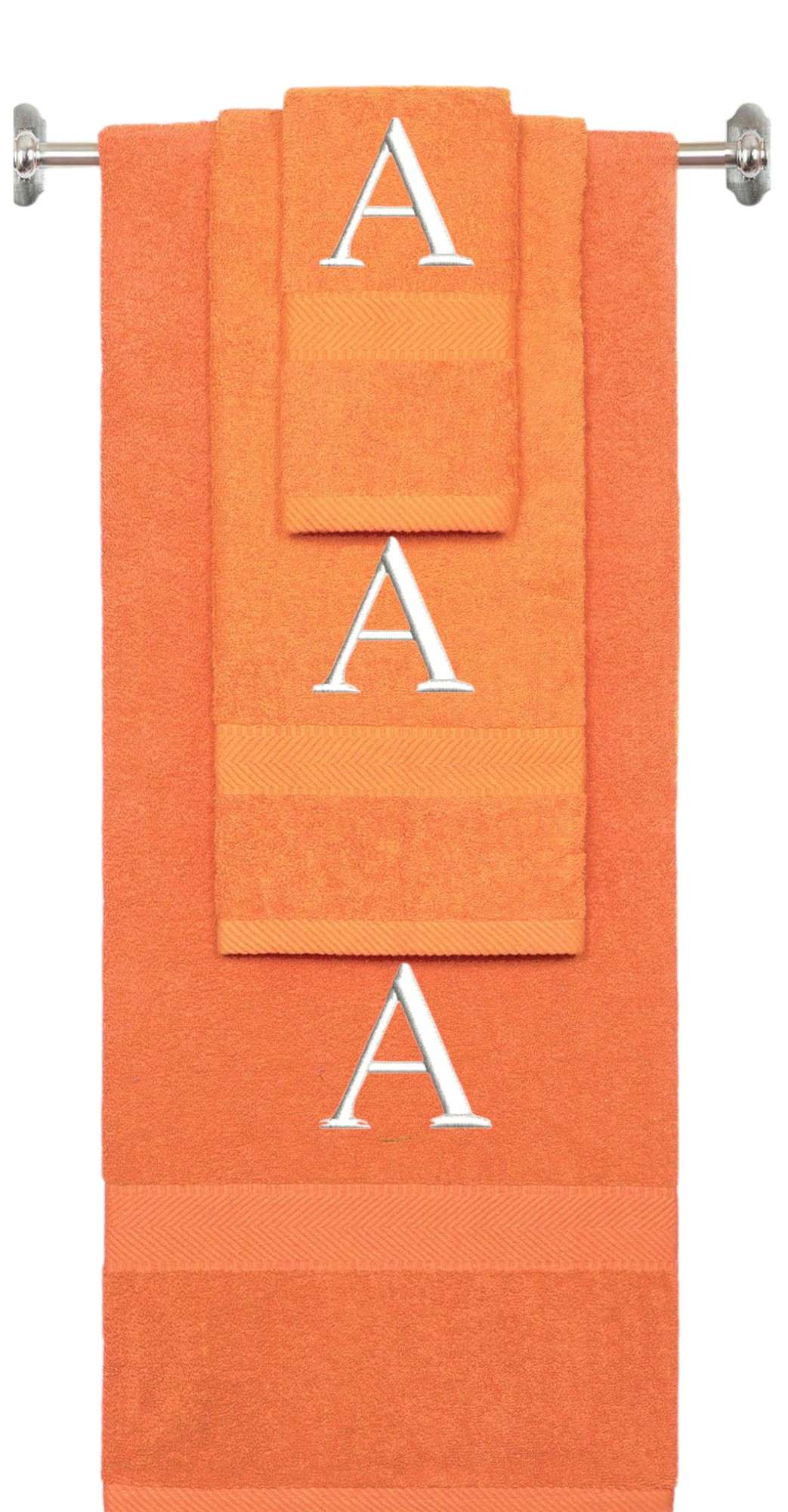 Orange monogrammed towel set with White thread, Times New Roman font, initial A - 540 GSM cotton 3-piece