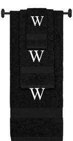Black monogrammed towel set with White thread, Times New Roman font, initial W - 540 GSM cotton 3-piece