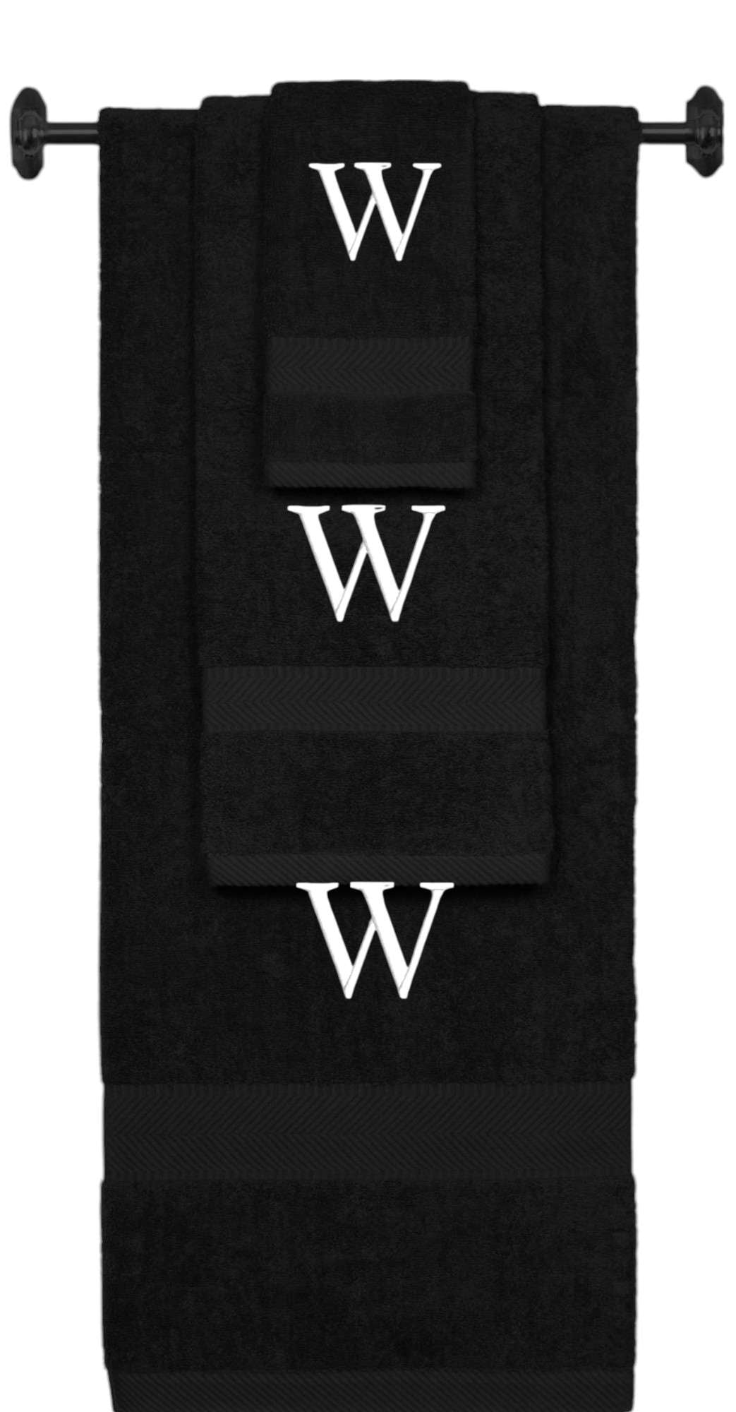 Black monogrammed towel set with White thread, Times New Roman font, initial W - 540 GSM cotton 3-piece